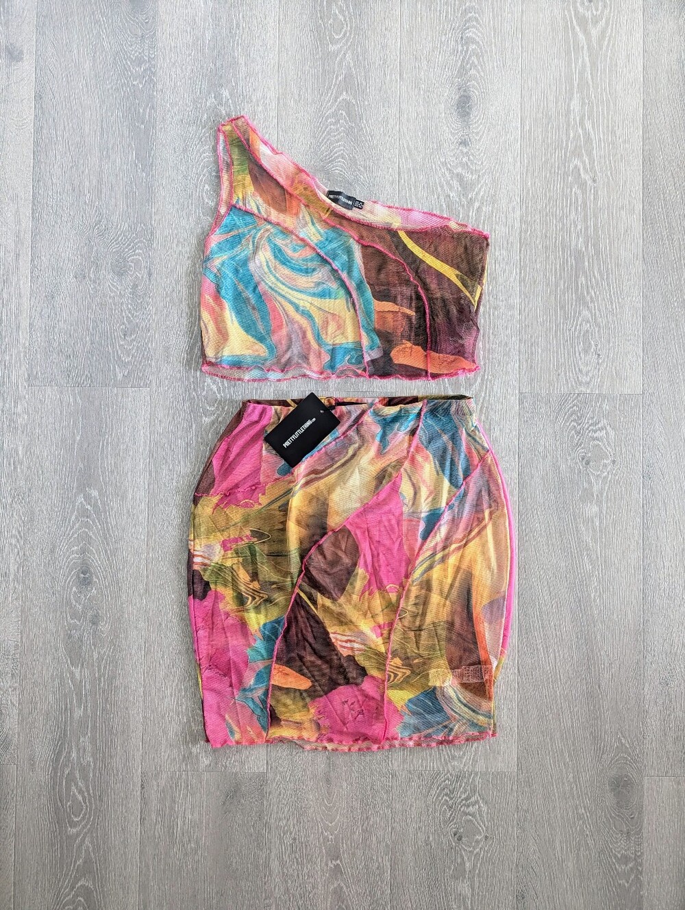 Pretty Little Thing Fushia Marble Print Sheer Mesh Seam Detail Bodycon - US 14